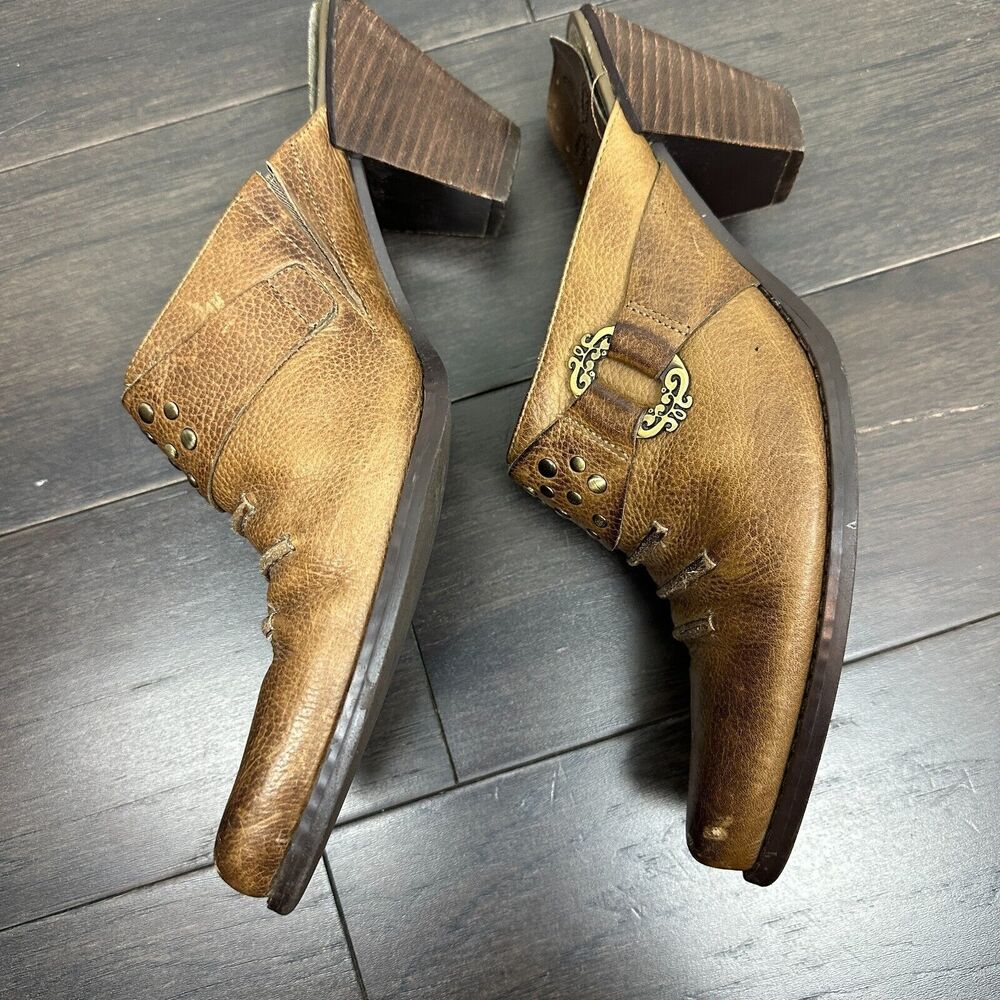 Y2K Bass Leather Mules Womens 8.5 Brown Pointed Toe Studded Western Boho Cowgirl - Picture 4 of 10